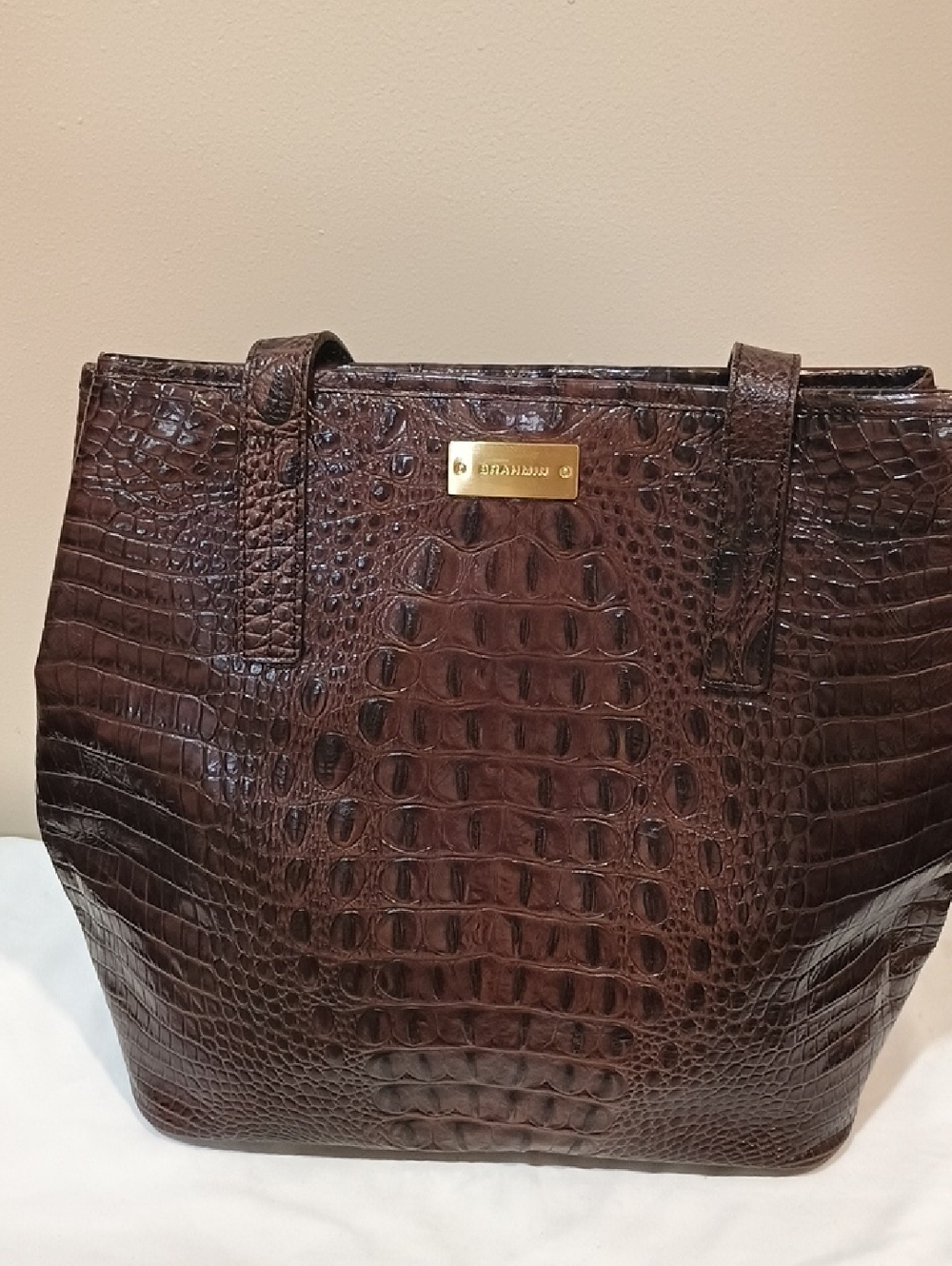 Brahmin Deep Brown Croc-Embossed Leather Tote
